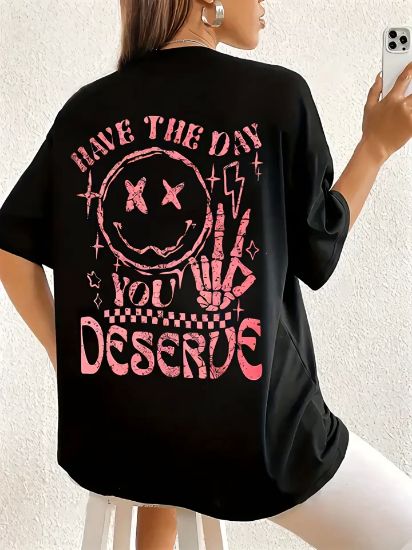 Baskılı Oversize Bisiklet Yaka T-shirt - Siyah resmi